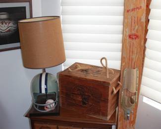 Antique skis Football lamp rustic crate cabinet
