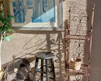 Small outdoor baker's rack and wooden stool
