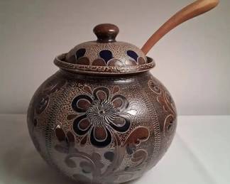Handmade Stoneware Pot w/ Lid & Wooden Spoon