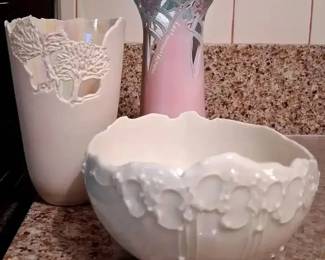 Hand Carved Vases & Porcelain Bowl