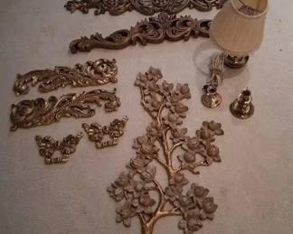 Brass lamp and candleholders w/ gold  wall apliques