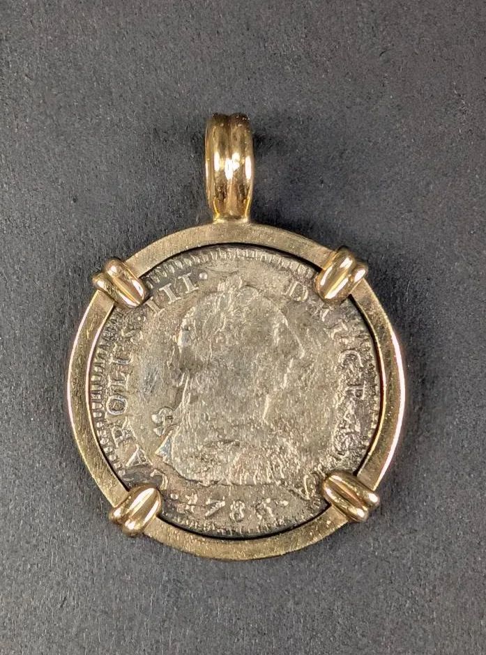 CT005 1783 Spanish Silver Coin in 14K Gold Setting