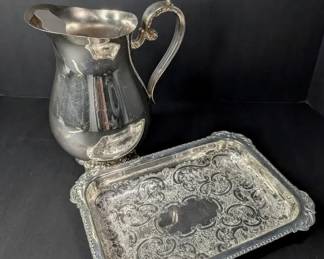 MT002 Silver Plated Water Pitcher, Ornate Leaf Scrolls Asparagus Dish