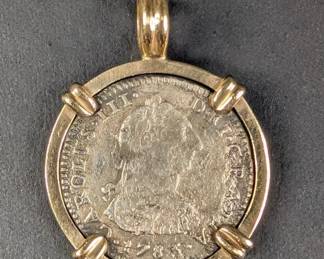 CT005 1783 Spanish Silver Coin in 14K Gold Setting