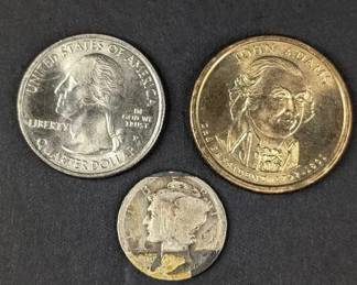 CT007 2013 Perrys Memorial Quarter, John Adams Dollar, Mercury Dime