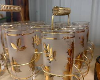 Mid-century frosted gold leaf glasses with caddy.