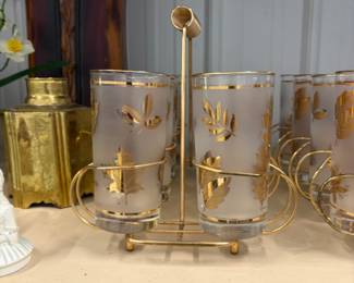 Mid-century frosted gold leaf glasses with caddy.