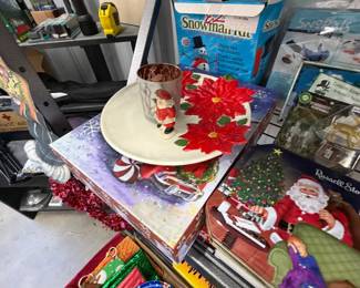 Christmas decor and poinsettia plates.