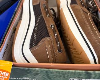 Men's leather boat shoes, new in box.