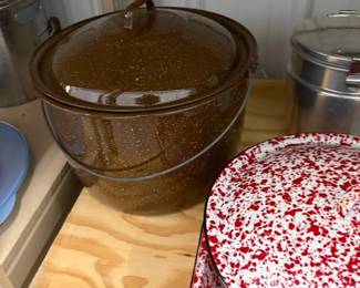 Bean pot and red graniteware.