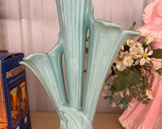 Vintage aqua pottery cornucopia vase.
