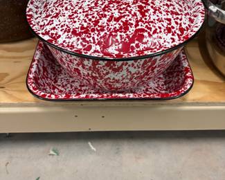 Red graniteware roaster.