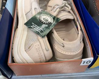 Men's leather boat shoes, new in box.