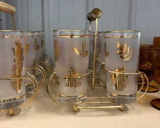 Mid-century frosted gold leaf glasses with caddy.