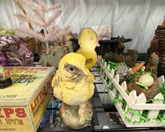 Ceramic chicks and Easter decor.