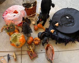 Halloween decor: witch hats, pumpkins, black cats, skulls, and more.