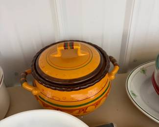 Amber glass casserole with lid.