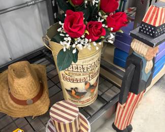 Americana decor: Uncle Sam figure and roses.