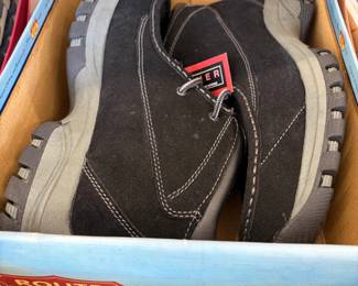 Men's black suede shoes, new in box.