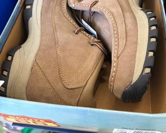 Men's tan suede boots, new in box.