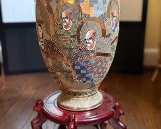 Satsuma-Style Moriage Vase with Carved Stand