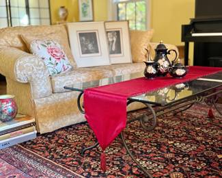 Damask Loveseats & Glass Coffee Table