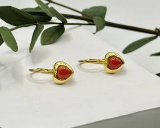 18K Yellow Gold Coral Heart Drop Earrings