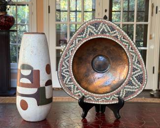 Israeli Ceramic Vase and Copper Mosaic Dish