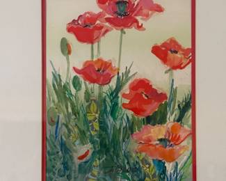 Framed Red Poppies Original Watercolor Painting by M. Davis