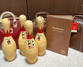 Vintage Wooden Bowling Pins And Bowling Ball