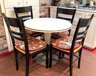 Retro Pedestal Table Four Ladderback, Rush Seat Chairs