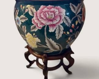 Chinese Famille RoseStyle Planter wStand Glass Top
