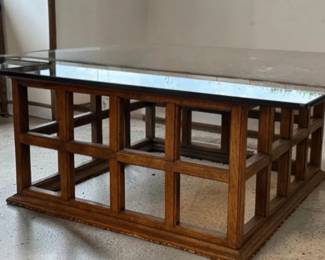 Geometric Wooden Open Fret Glass Top Coffee Table