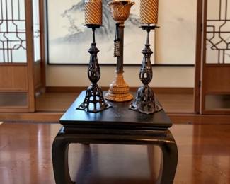 Vintage MCM Ming Style Wood Side Table Open Metal work Candlesticks