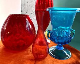 Vintage MidCentury Red Blue Art Glass Vessels,