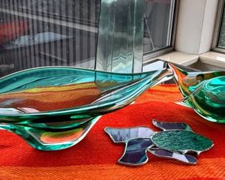 Murano Art Glass Style Elongated Bowl, Freeform Duck More