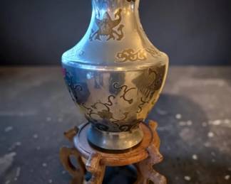 SignedStamped Chinese Export Pewter Jar w Brass Accents on Decorative Stand