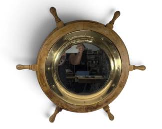 Wood Brass Ships Wheel Mirror