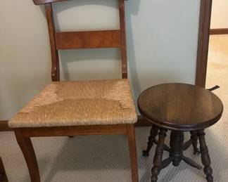 Vintage Victorian Style Wood Piano Stool with Glass Ball Claw Feet and Wood Chair with Woven Seat