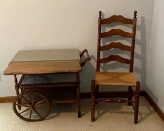 Vintage Wooden Tea Cart with Drop Leaf Sides, Drawer, and Ladder Back Side Chair