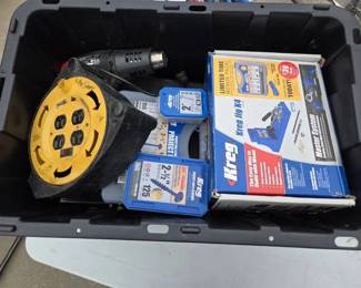 Bin of Kreg K4 Pocket Hole Jig, Pocket Hole Screws, Heat Gun Electrical Cord Reel