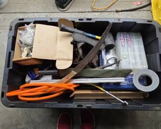 Bin of Assorted Hand Tools, Pruning Saw, Hardware, Extension Cord