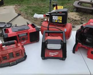 Milwaukee Jobsite Radio, Fan, LED Work Light, Charger Air Compressor 5 Pieces