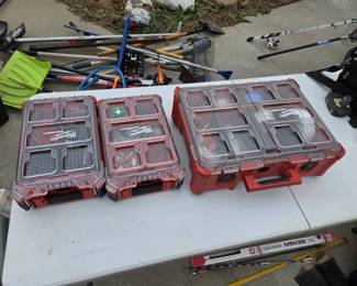 3 Milwaukee Packout Organizers with Electrical Supplies, Hole Saws Accessories