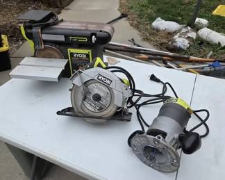 Ryobi Woodworking Power Tool Lot BeltDisc Sander, Circular Saw Router