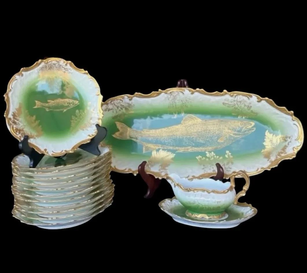 Antique TV Limoges France Porcelain Fish Set, Platter Plates Hand Painted Gilt