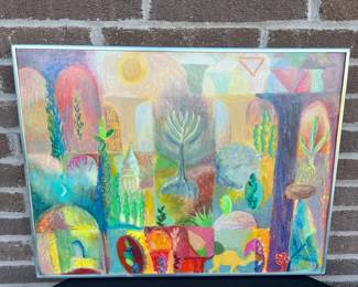 Signed J. Fineman Original Expressionist Painting Abstract Menorah, Judaica Art