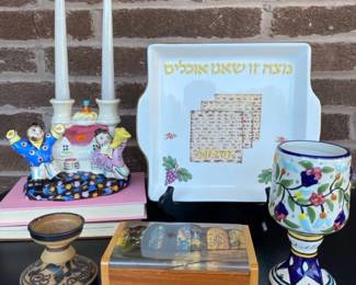Vintage Judaica Collectibles Lot Jewish Home Blessing Plate Kiddush Chalice Music Box