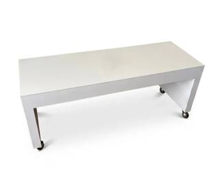 Minimalist White Waterfall Table with Caster Wheels 53.5 L