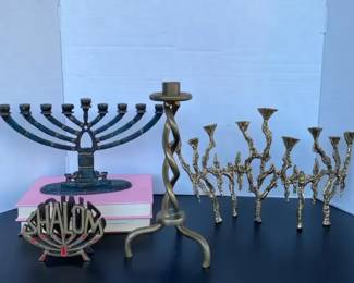 Vintage Brass Judaica Lot Menorahs Napkin Holder Barley Twist Candlestick